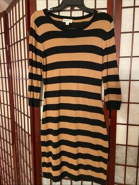 Merona Black and Tan Striped Midi Knit Dress